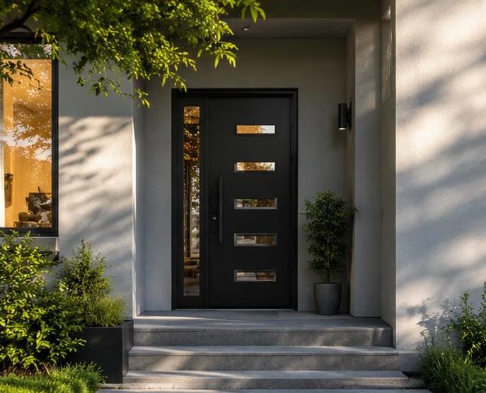Modern black entry door with glass slats and sidelite