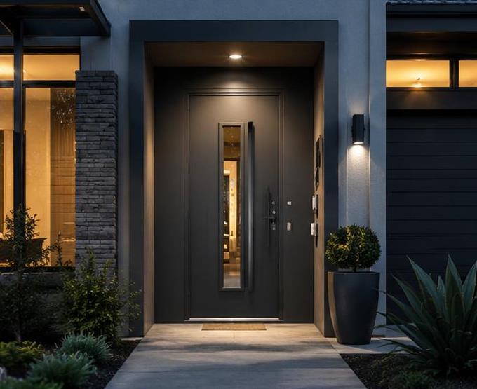 Dark entry door with stone surround