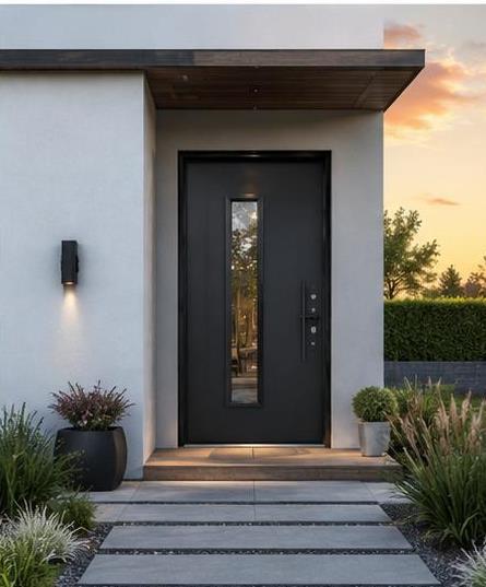 Black entry door on a white rendered facade