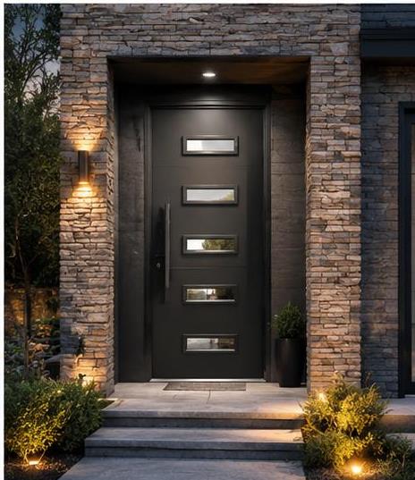 Black entry door with glass lites