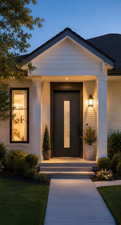 Covered porch with a black entry door