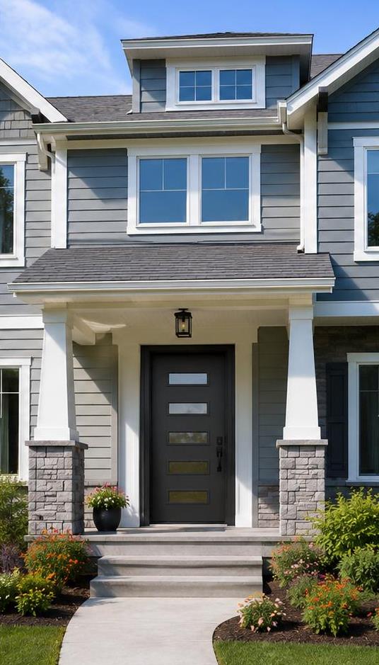 Craftsman home with a black entry door