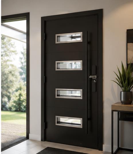 Black entry door with four glazed panels