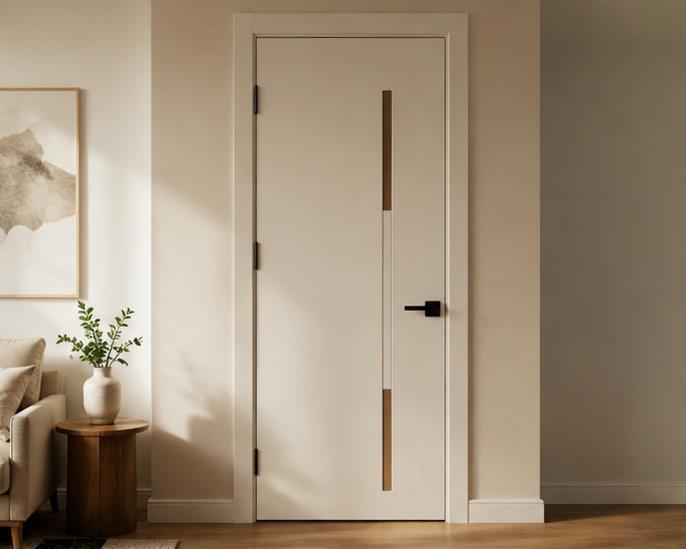 Cream interior door with a wood inlay