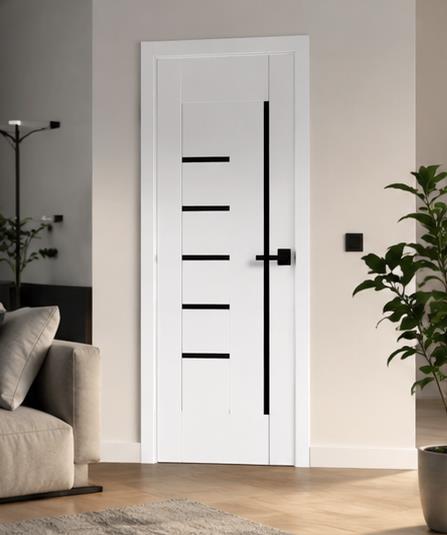 White interior door with black glass slats in a living room