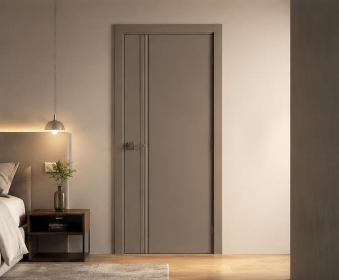 Taupe grooved interior door in a bedroom